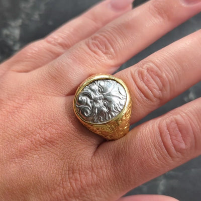 Paul Lantuch 2000's 18 Karat Yellow Gold Platinum Unisex Green Man Signet