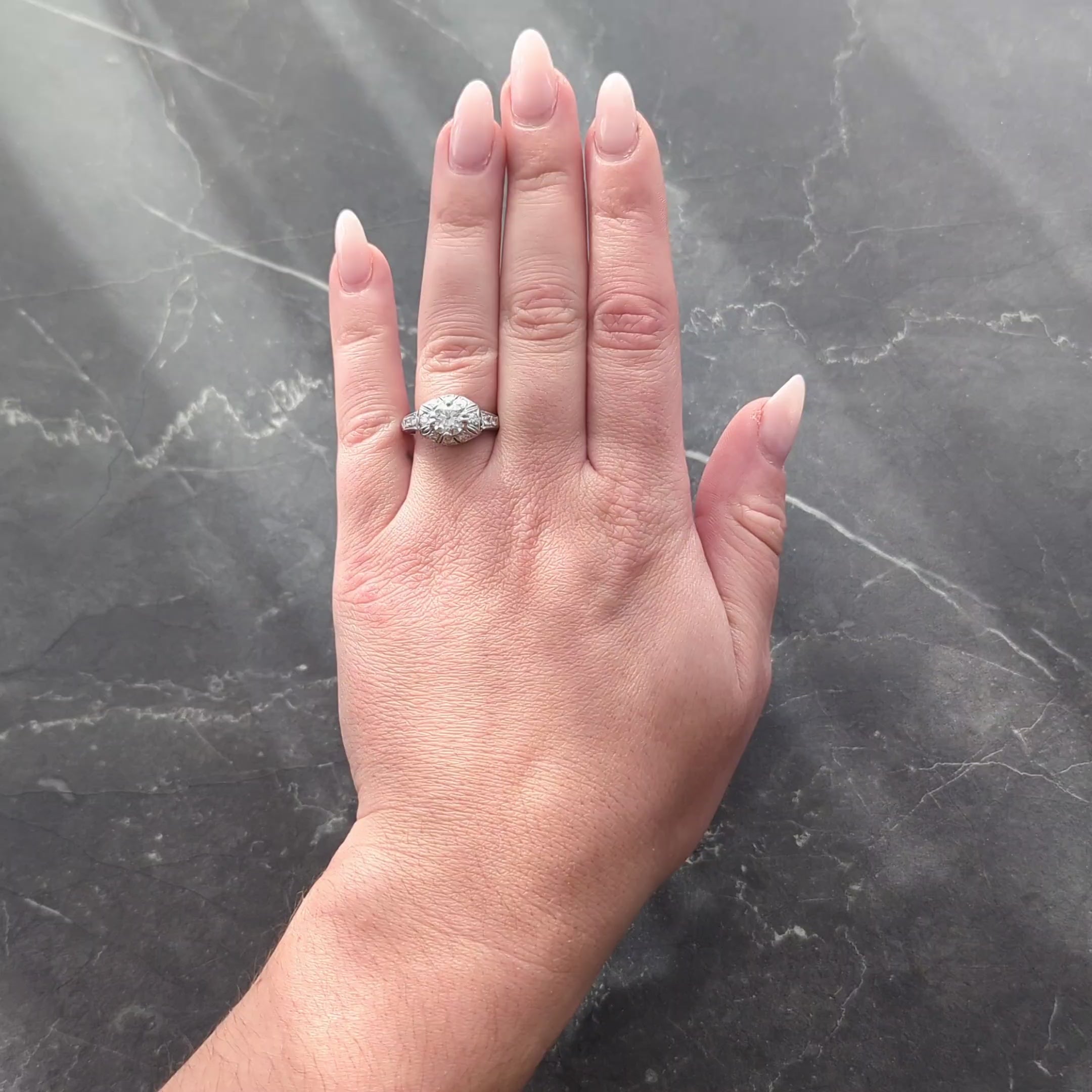 Art Deco Old European Diamond Platinum Vintage Scrolling Palm Engagement Ring