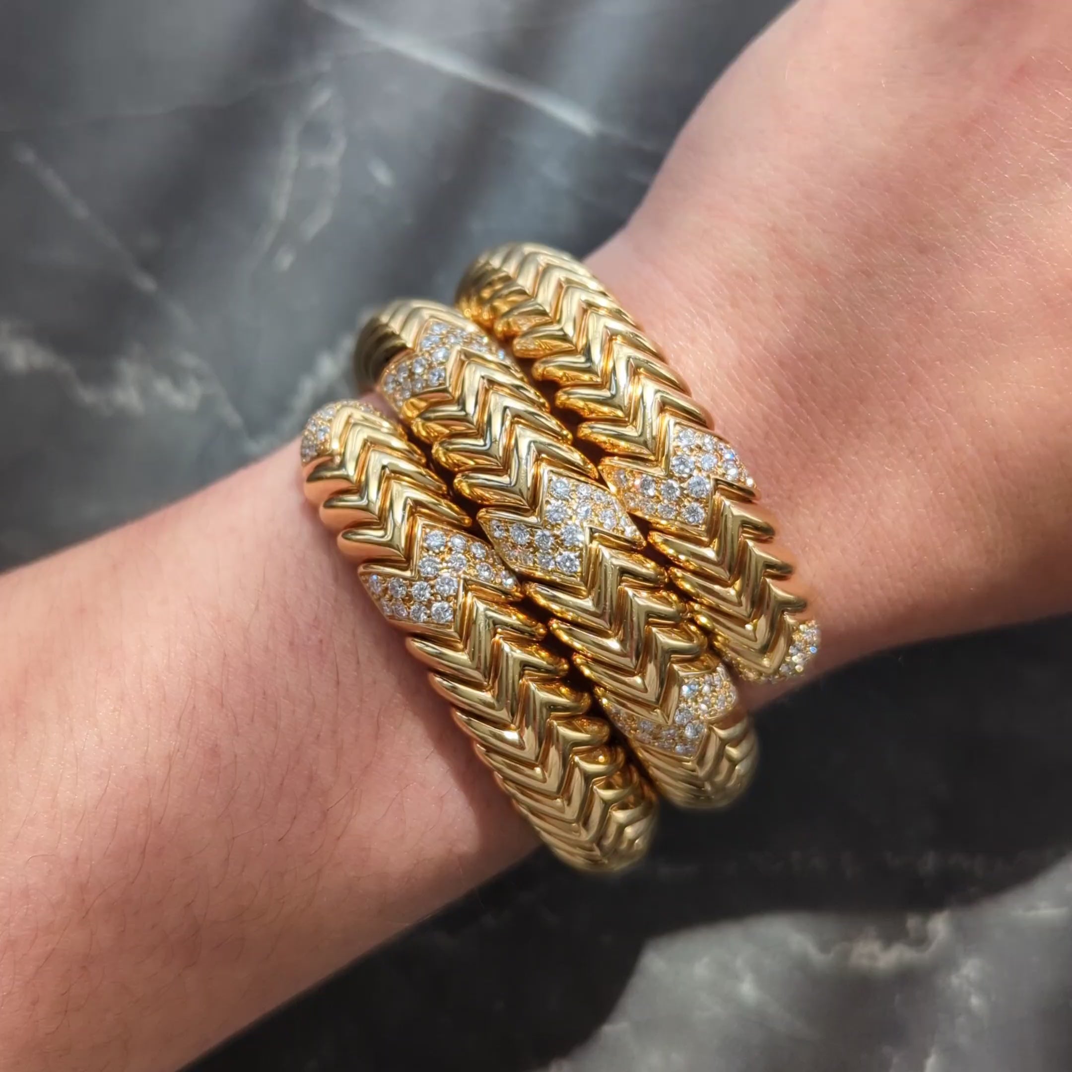 Bvlgari French 1970's Diamond 18K Gold Yellow Vintage Triple Spiga Wrap Bracelet