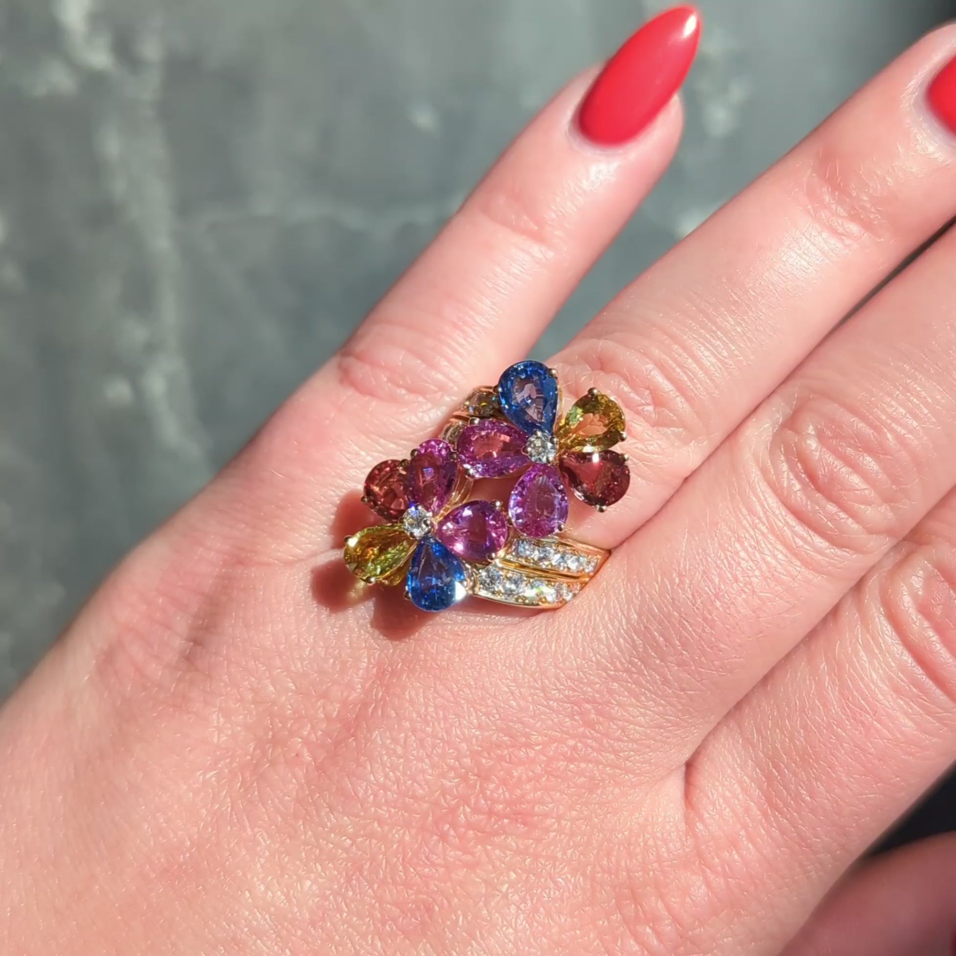 Bulgari 17.26 CTW Diamond Sapphire Flower 18K Yellow Gold Floral Bypass Ring