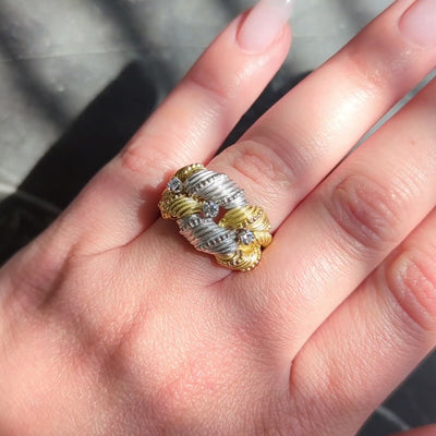 French 1960's Diamond 18 Karat Yellow Gold Platinum Vintage Twist Link Band Ring