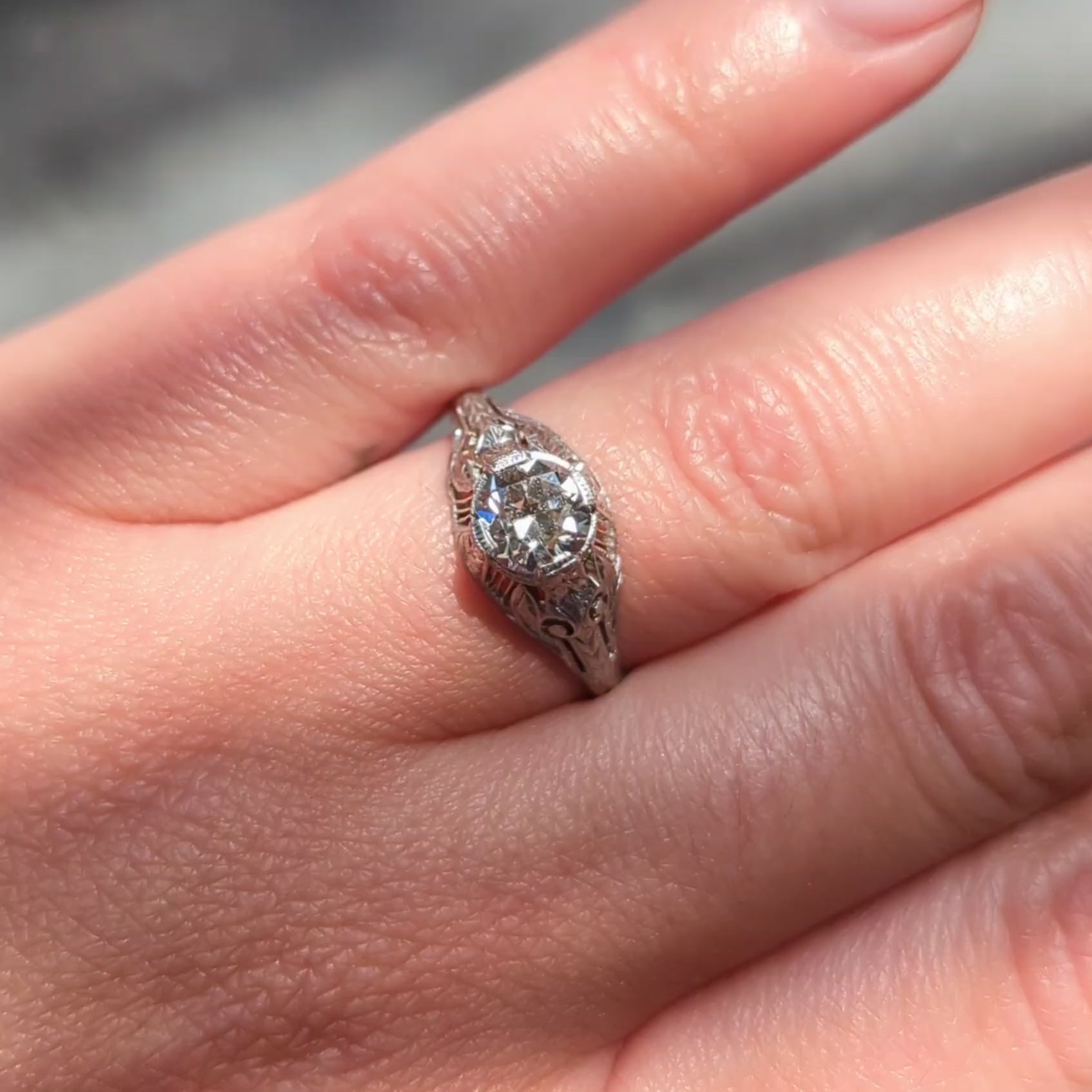 Art Deco Old European Diamond Platinum Vintage Scrolling Wheat Engagement Ring