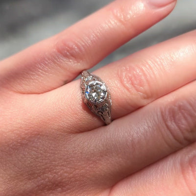 Art Deco Old European Diamond Platinum Vintage Scrolling Wheat Engagement Ring