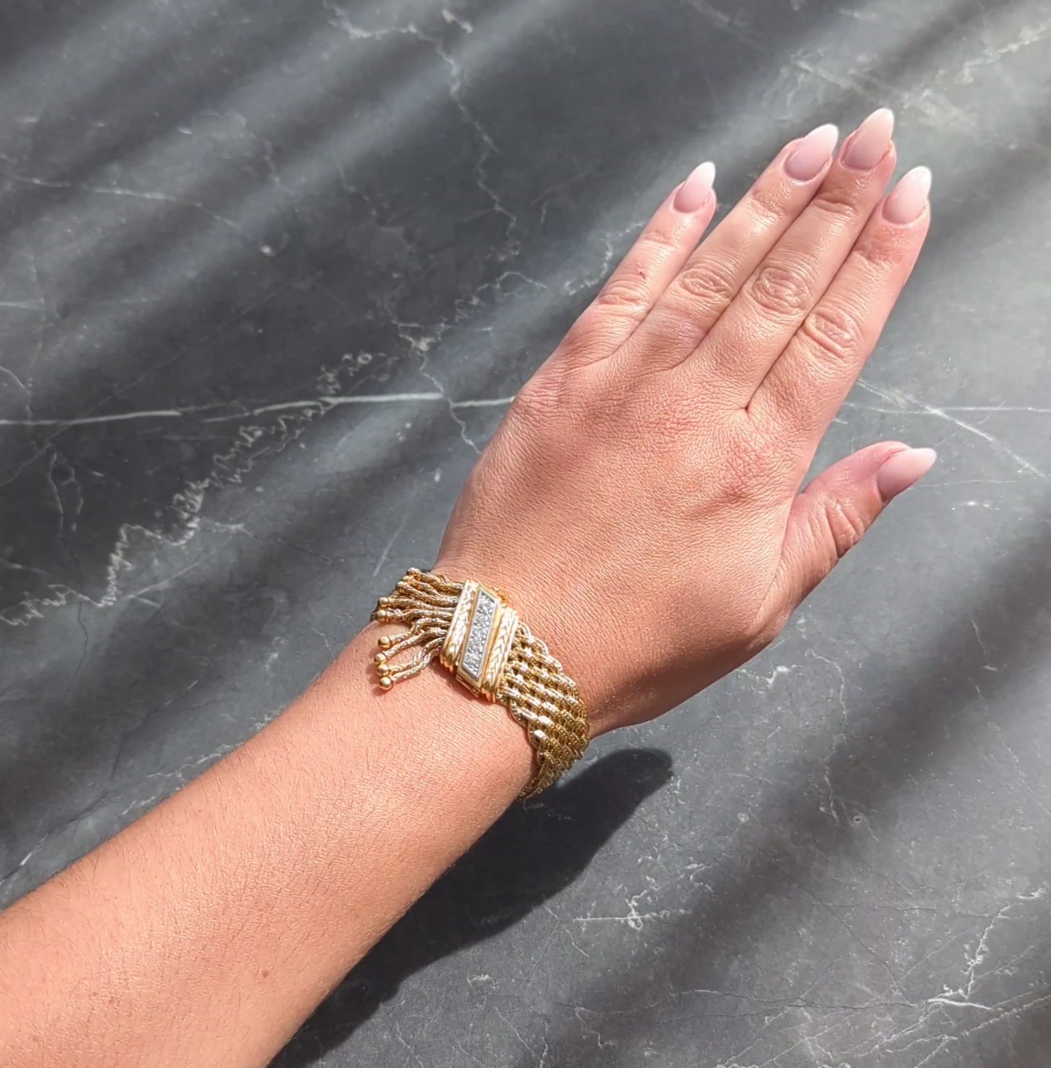 Mid-Century French Diamond Platinum 18 Karat Yellow Gold Woven Tassel Bracelet