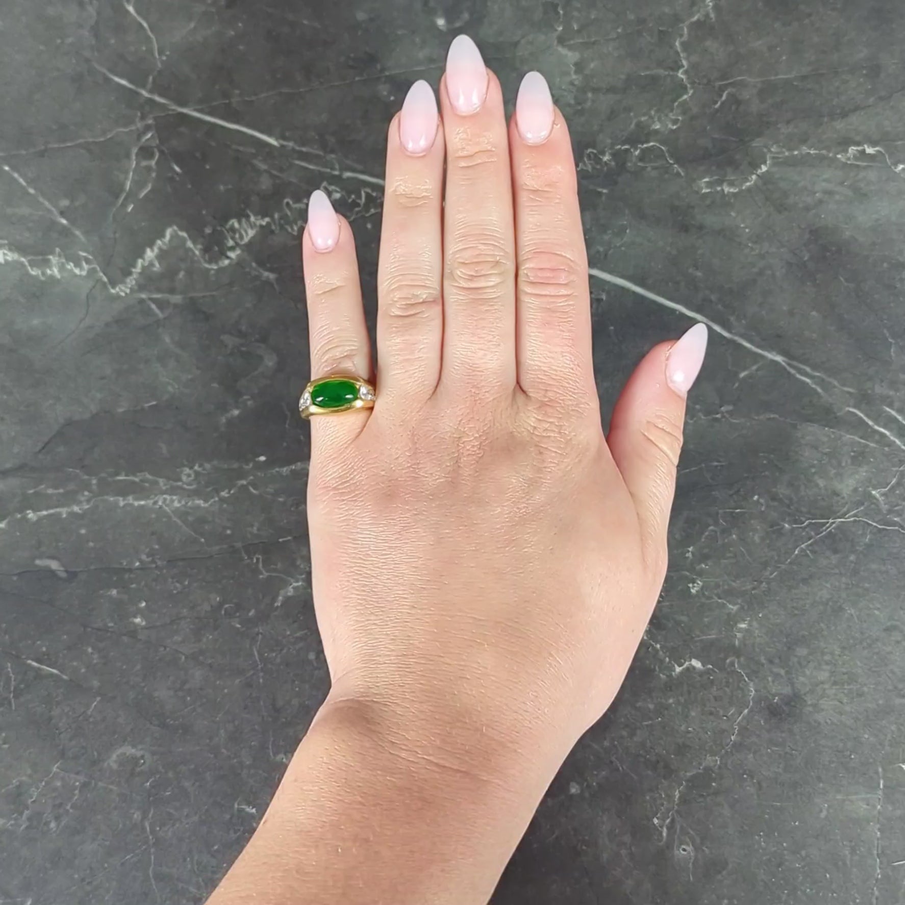 Modernist Fei Cui Jadeite Jade Diamond 18 Karat Yellow Gold Vintage Channel Ring