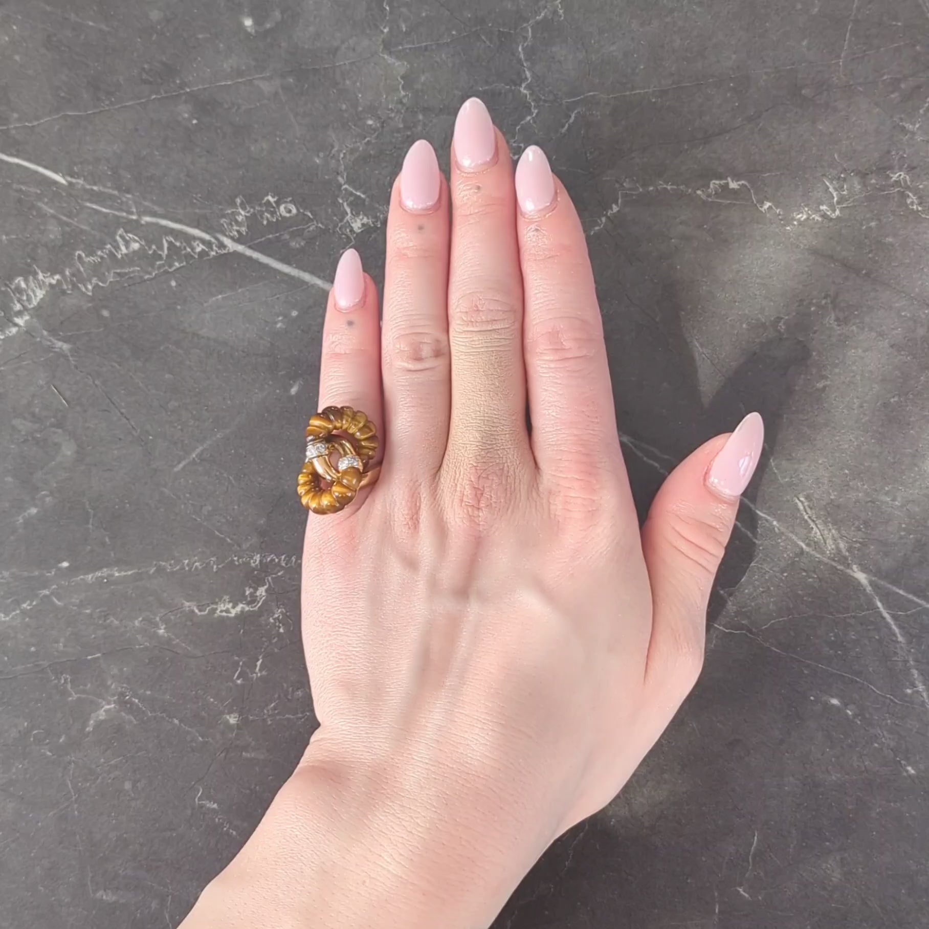 1973 French Diamond Tiger's Eye Quartz 18K Gold Interlocking Vintage Bypass Ring