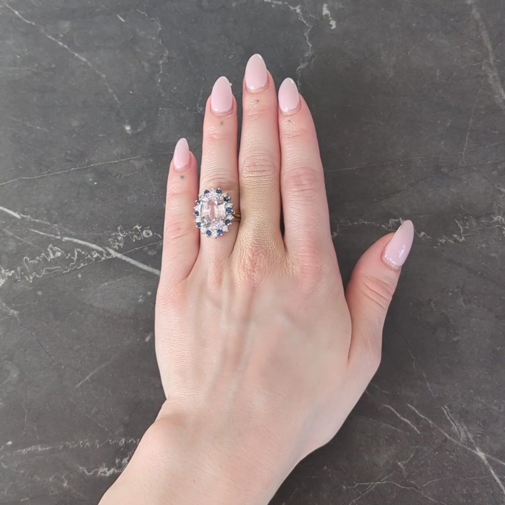 1980's Kunzite Sapphire Diamond 18 Karat Two-Tone Vintage Halo Ring