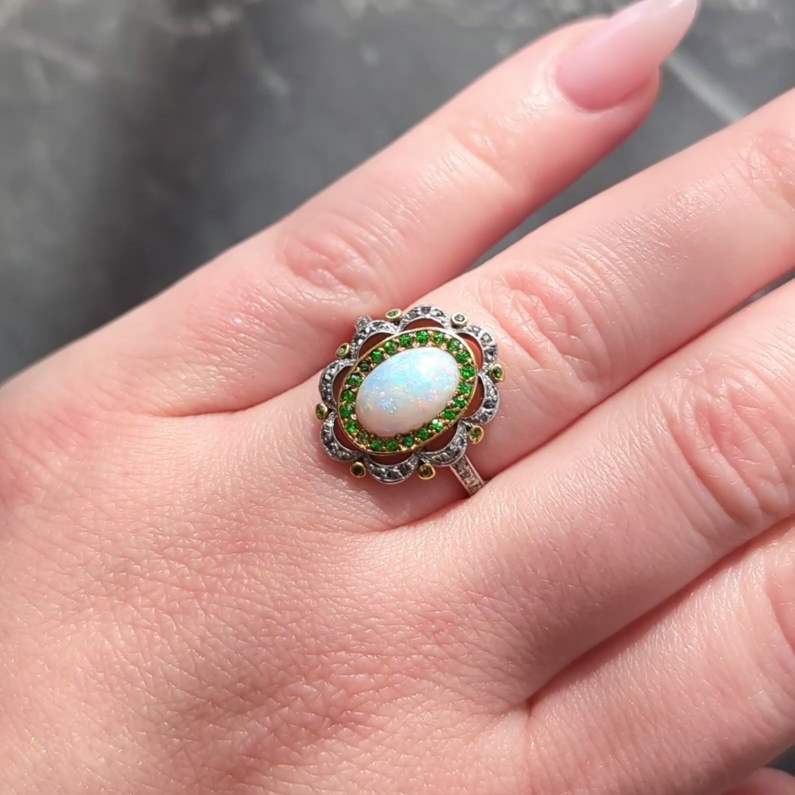 Edwardian Opal Diamond Demantoid Garnet Platinum 18K Gold Antique Cluster Ring