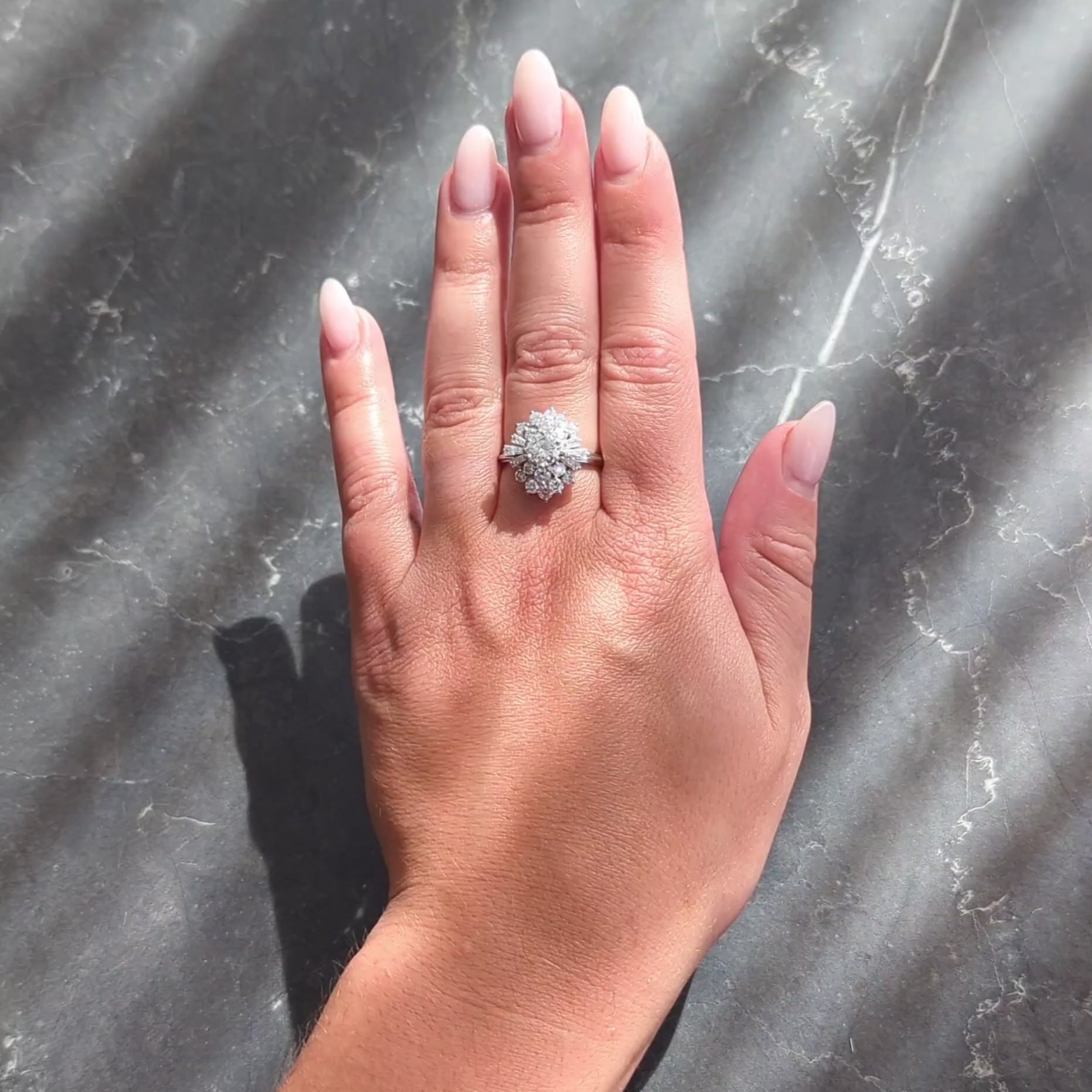 Mid-Century 2.37 CTW Diamond 18 Karat White Gold Vintage Cluster Ring