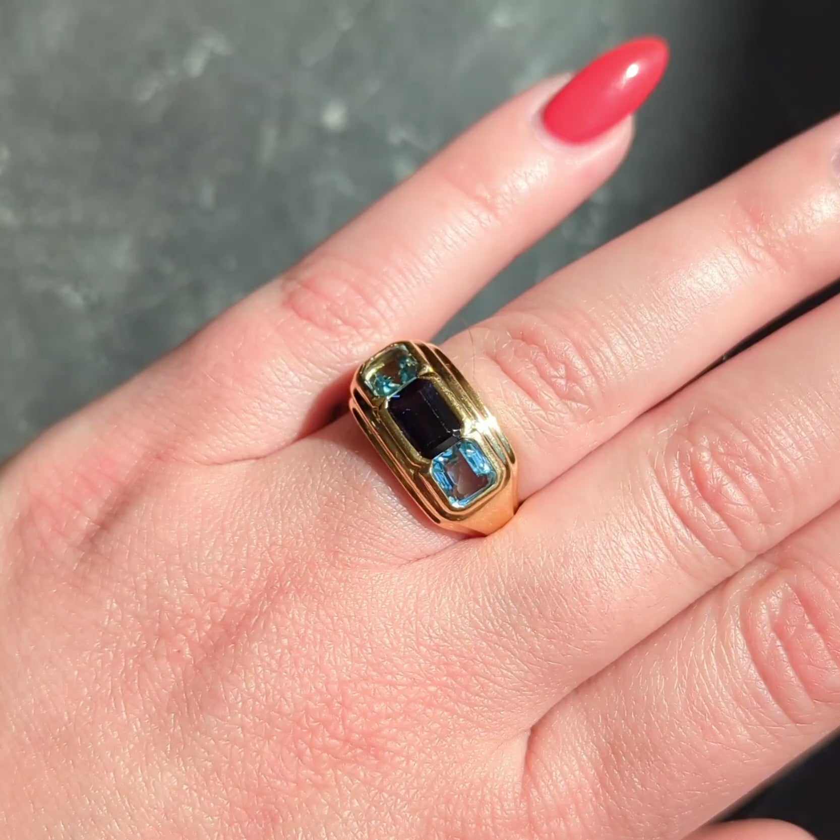 Bulgari 1990's Iolite Aquamarine 18 Karat Yellow Gold Vintage Three Stone Ring