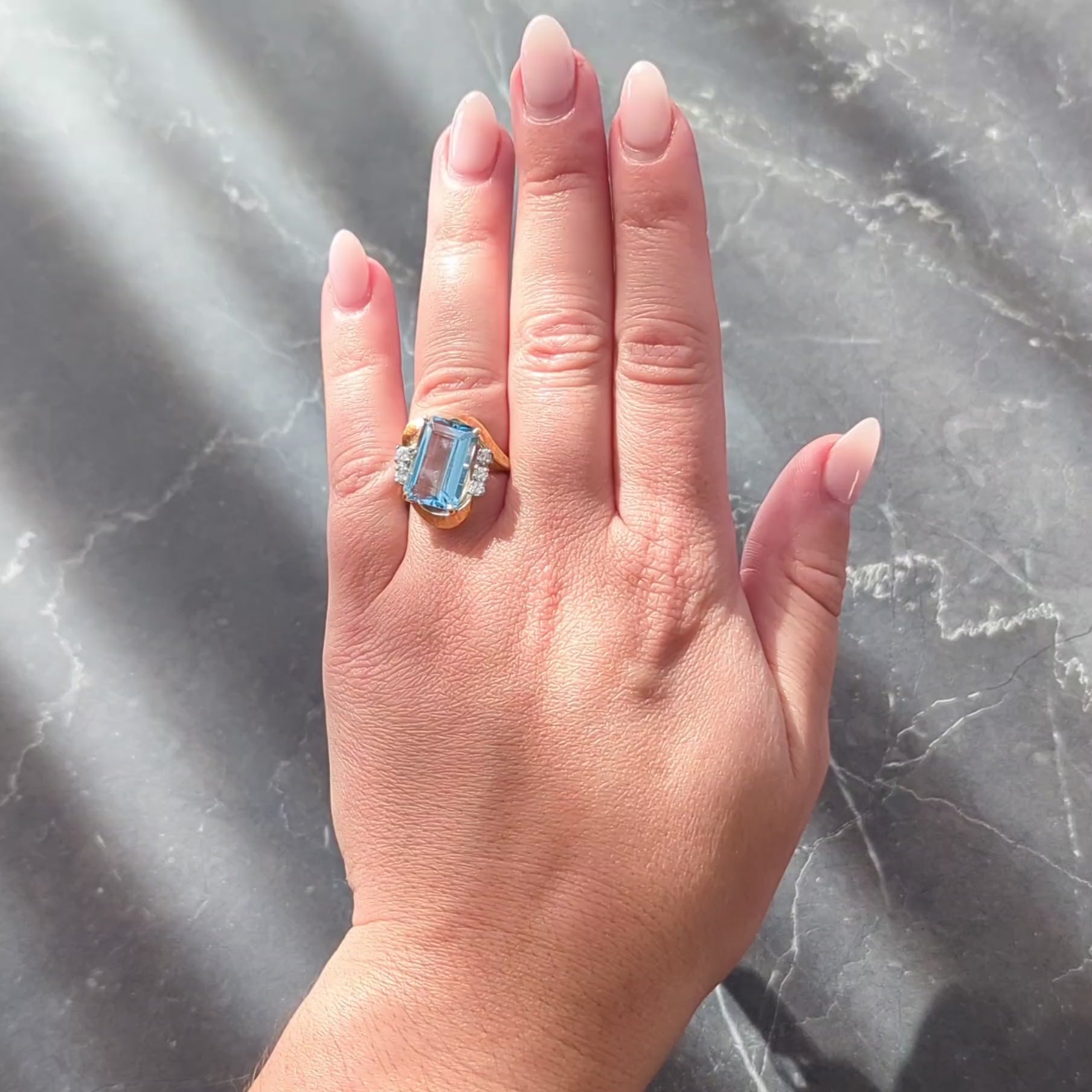 Mid-Century 7.40 CTW Aquamarine Diamond 18K Two-Tone Gold Vintage Cocktail Ring