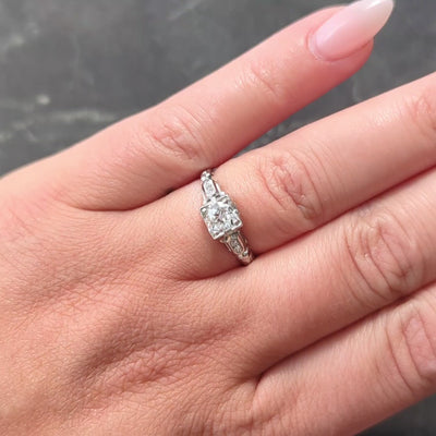 Art Deco Old European Diamond 18 Karat White Gold Vintage Lotus Engagement Ring