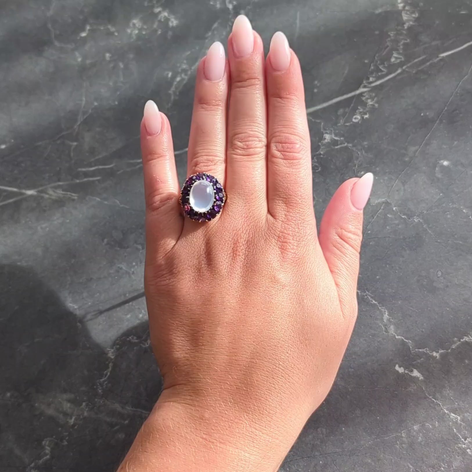 Victorian Moonstone Amethyst 14 Karat Yellow Gold Antique Fleur-De-Lis Halo Ring