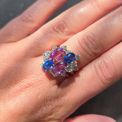Oscar Heyman 1980's Sapphire Diamond 18K Gold Platinum Vintage Cluster Ring