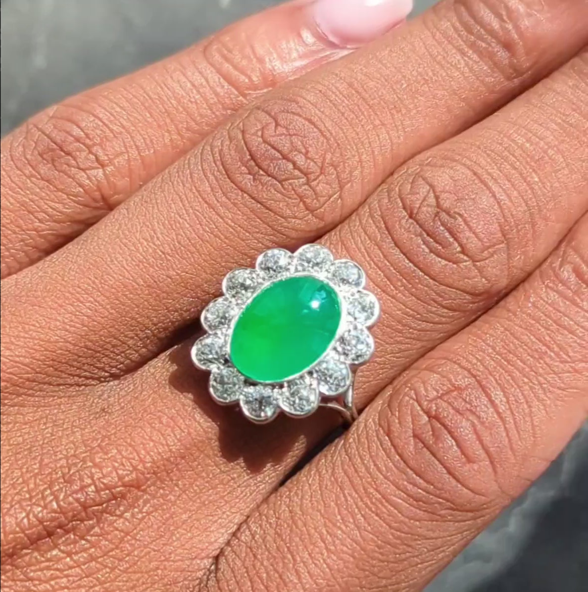 Art Deco Diamond Jade Platinum Vintage Halo Ring