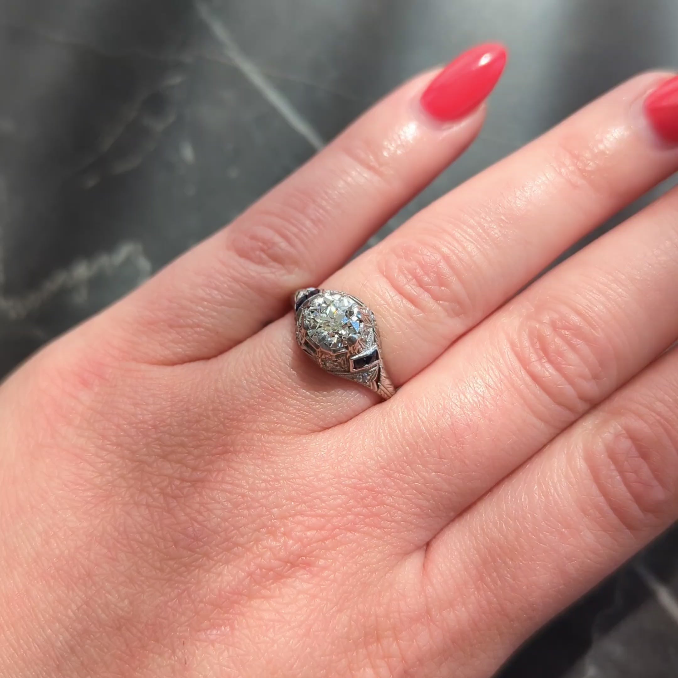 Art Deco 1.24 CTW Old European Diamond Sapphire Platinum Foliate Engagement Ring