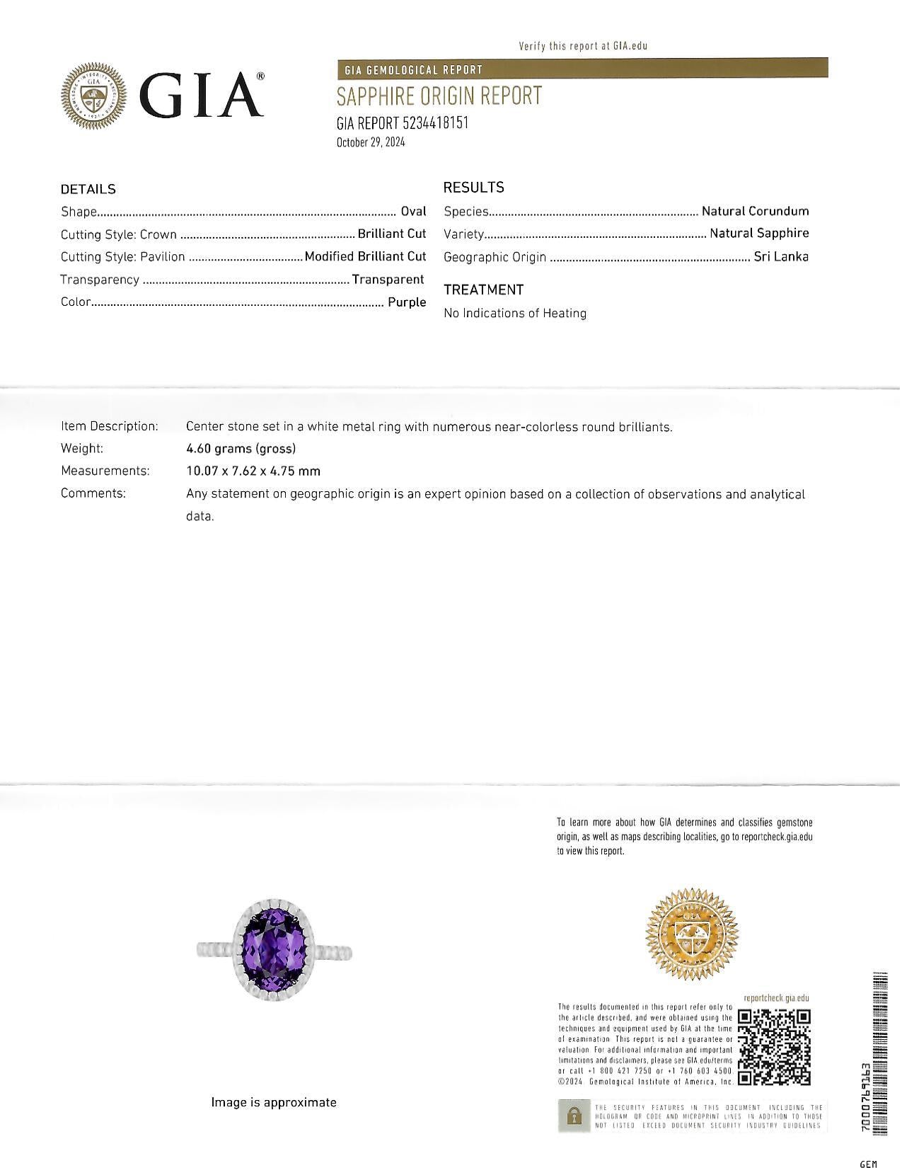 Tiffany & Co. 3.78 CTW No Heat Ceylon Purple Sapphire Diamond Platinum Ring GIA