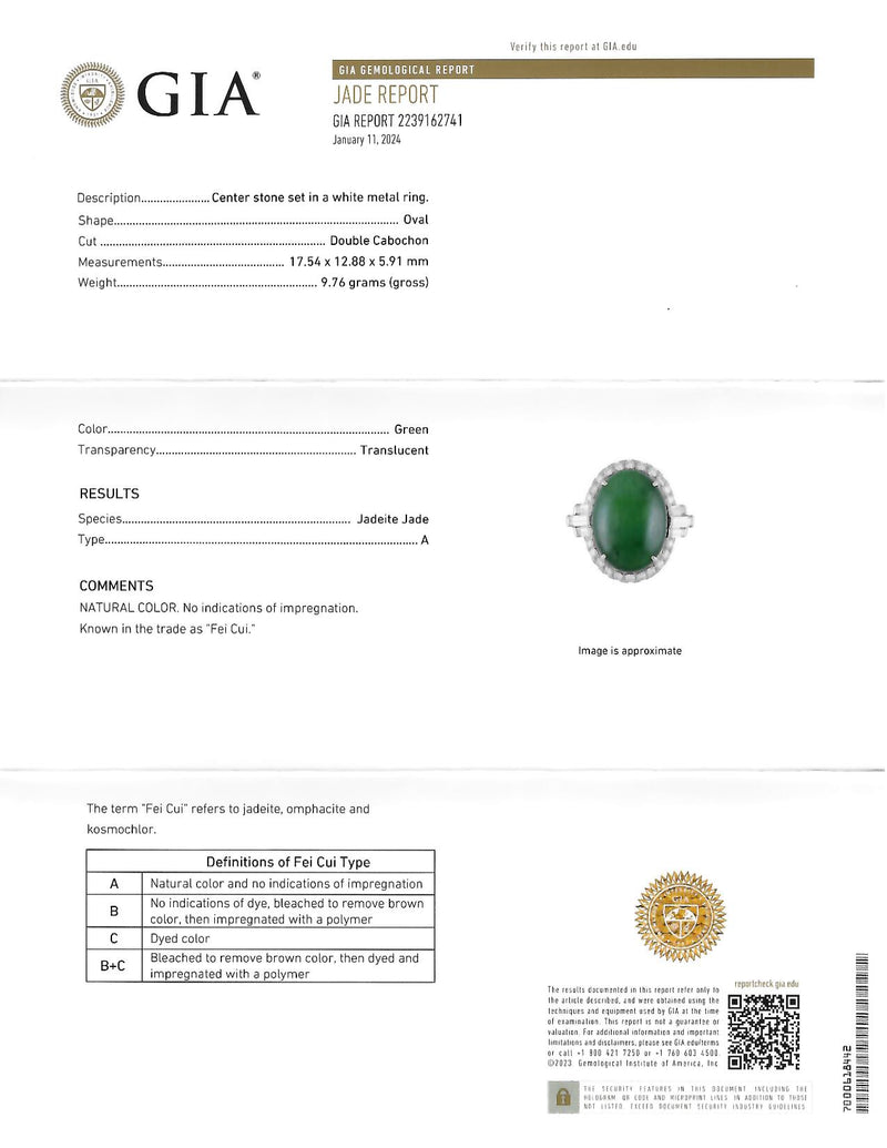 Mid-Century Natural Jadeite Jade Diamond Platinum Vintage Halo Ring GIA