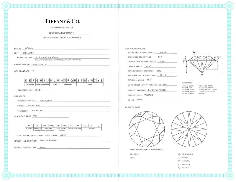 Tiffany & Co.  2.67 CTW Round Brilliant Diamond Platinum Solitaire Vintage Engagement Ring