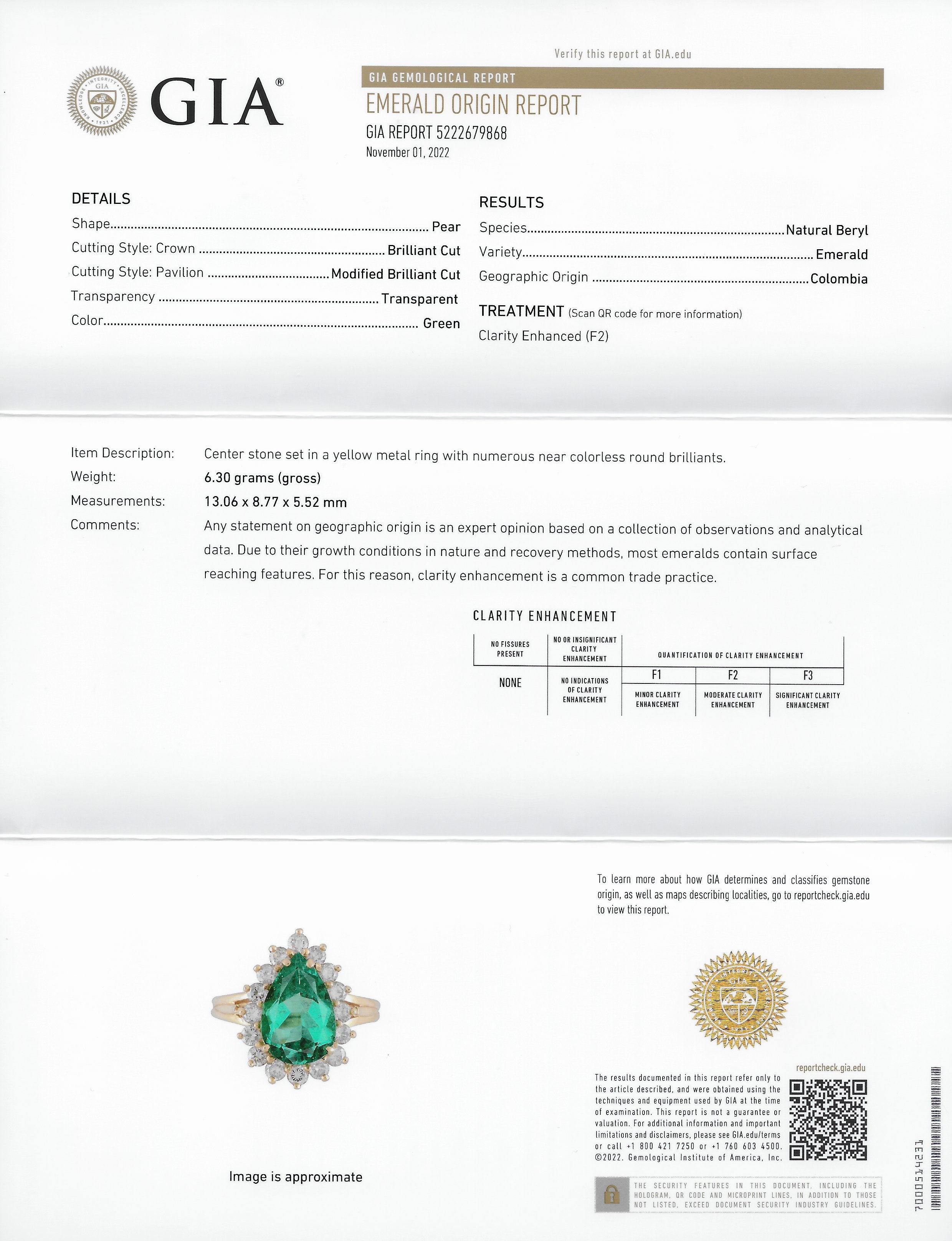 Vintage 4.34 CTW Pear Cut Columbian Emerald Diamond 14 Karat Yellow Gold Halo Ring GIA Wilson's Estate Jewelry