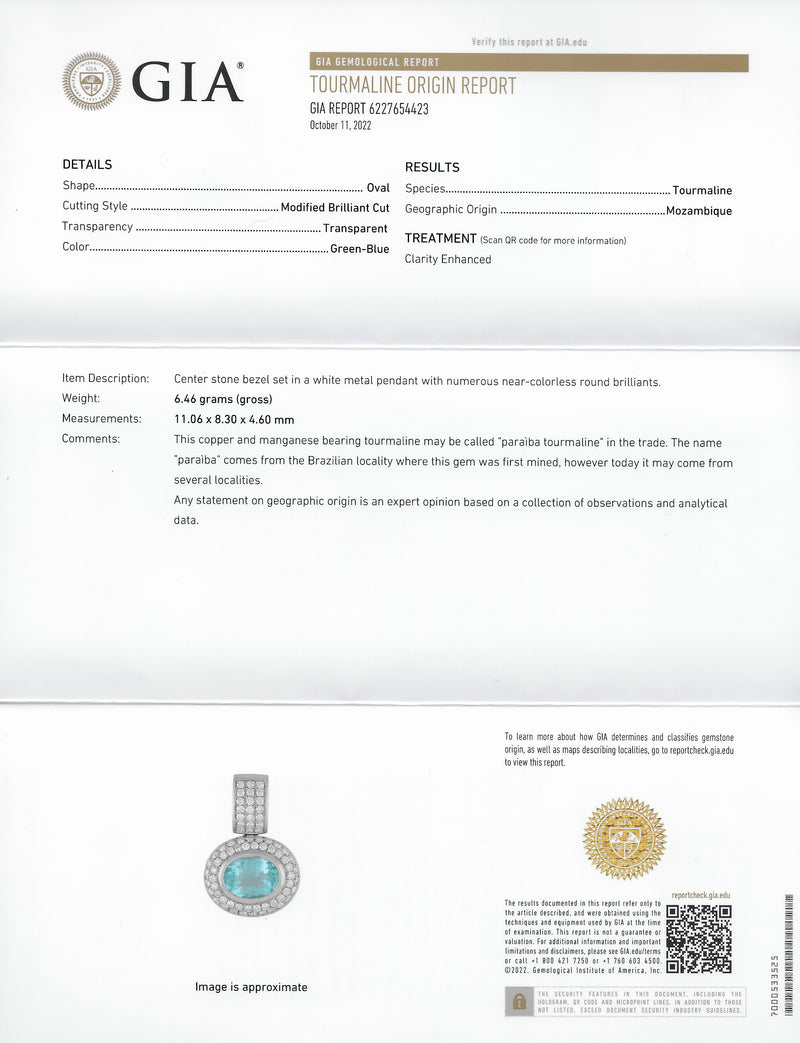 5.50 CTW Paraiba Type Tourmaline Diamond 18 Karat White Gold Contemporary Pendant Necklace GIA Wilson's Estate Jewelry