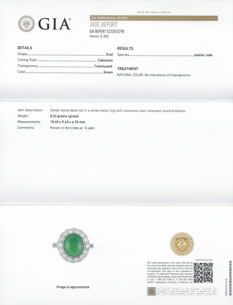 Art Deco Diamond Natural Jade Cabochon Platinum Scrolling Vintage Halo Ring GIA Wilson's Estate Jewelry