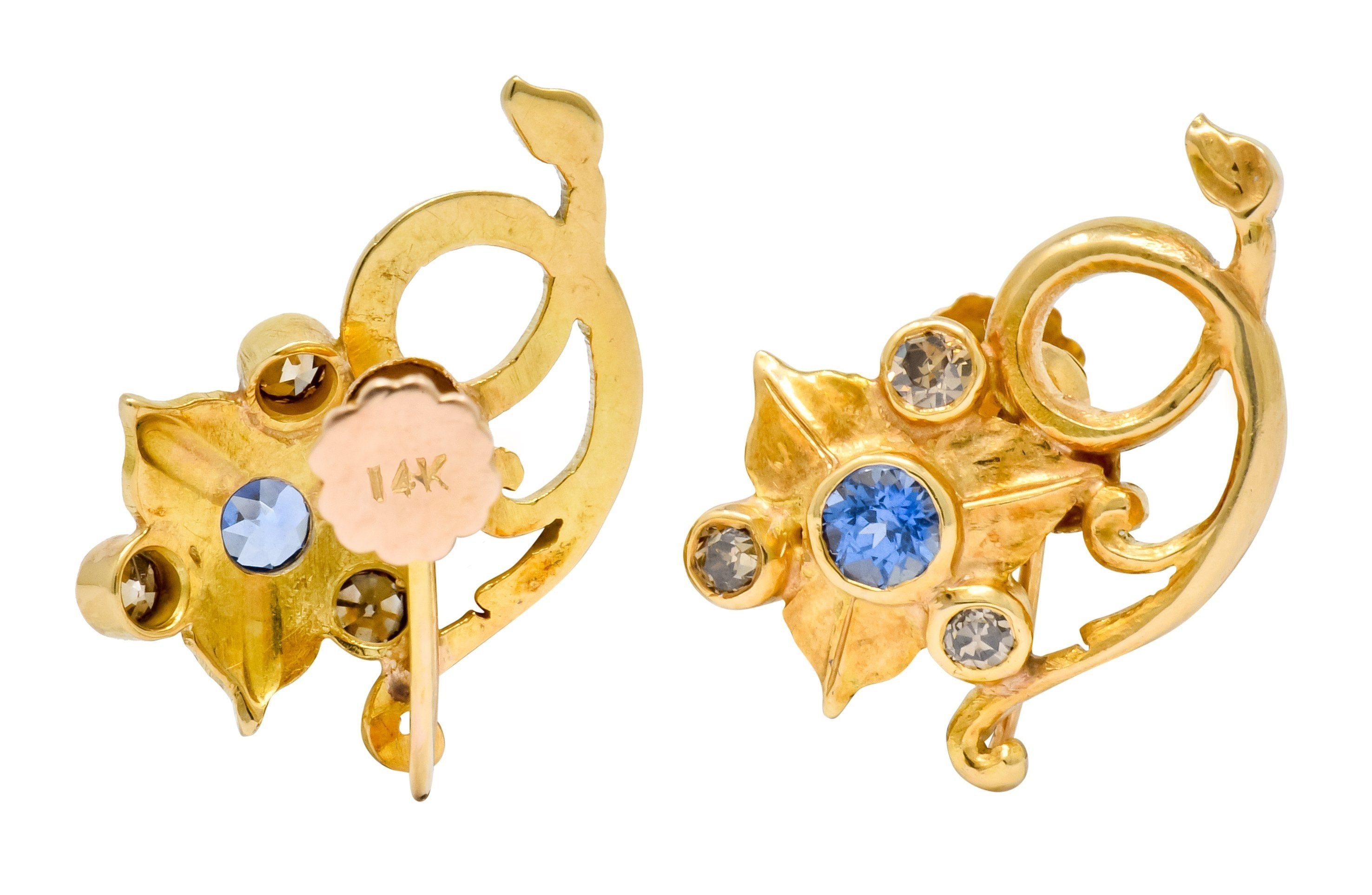 Art Nouveau Sapphire Fancy Colored Diamond 14 Karat Gold Floral Ivy Screwback Earrings - Wilson's Estate Jewelry