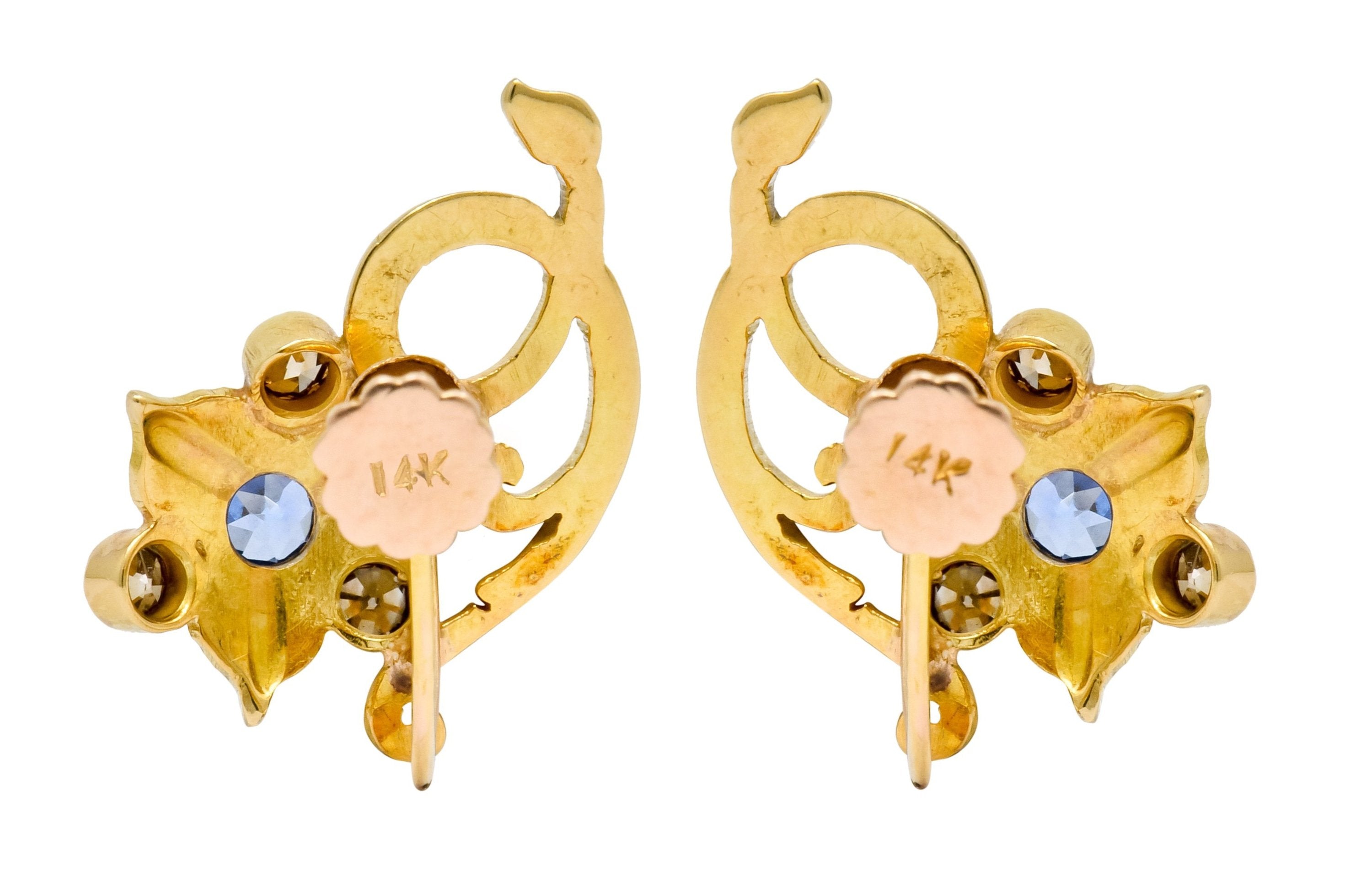 Art Nouveau Sapphire Fancy Colored Diamond 14 Karat Gold Floral Ivy Screwback Earrings - Wilson's Estate Jewelry
