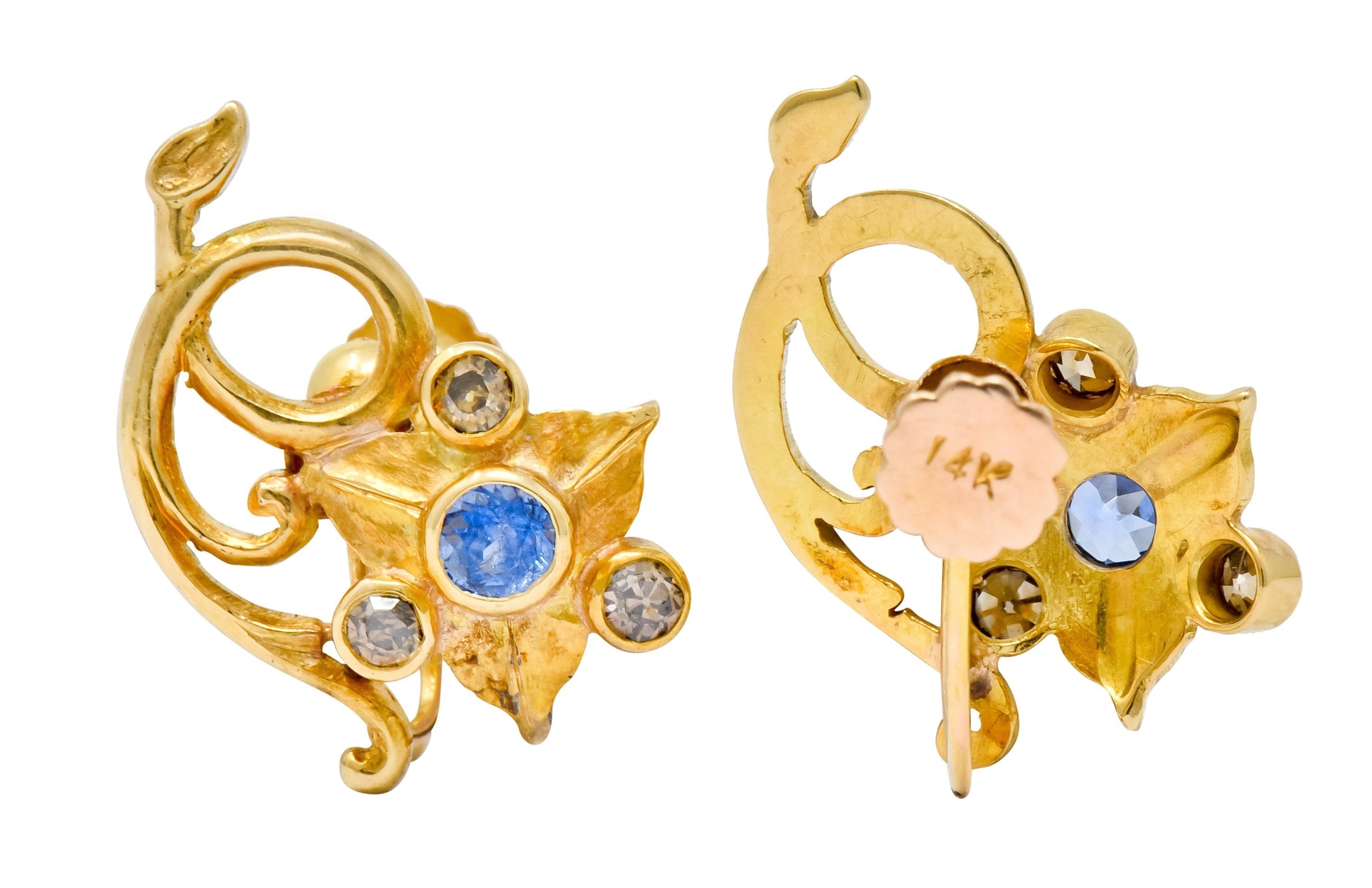 Art Nouveau Sapphire Fancy Colored Diamond 14 Karat Gold Floral Ivy Screwback Earrings - Wilson's Estate Jewelry