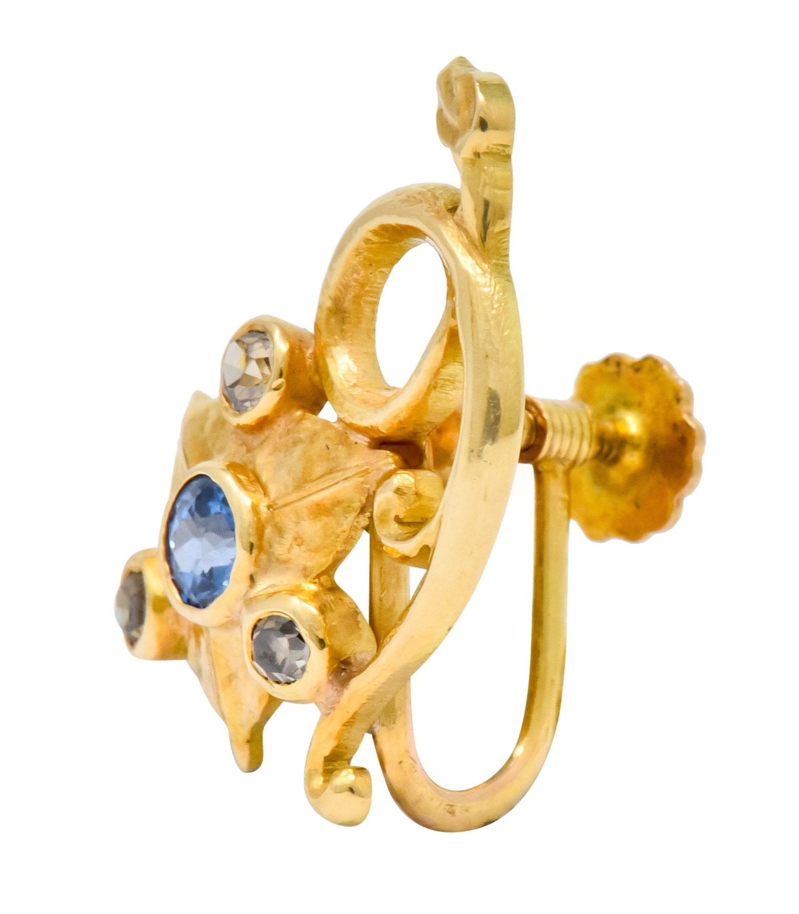 Art Nouveau Sapphire Fancy Colored Diamond 14 Karat Gold Floral Ivy Screwback Earrings - Wilson's Estate Jewelry