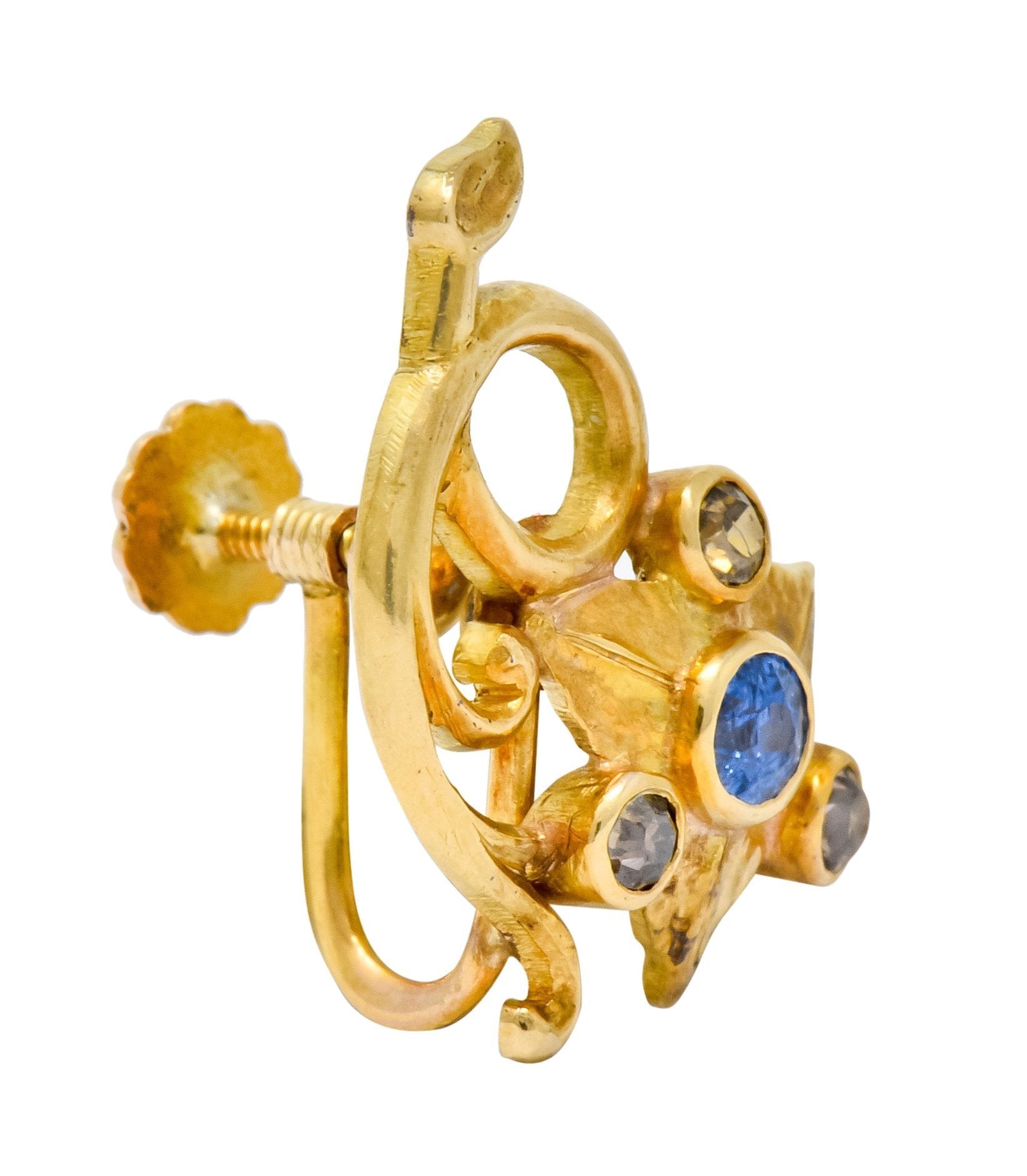 Art Nouveau Sapphire Fancy Colored Diamond 14 Karat Gold Floral Ivy Screwback Earrings - Wilson's Estate Jewelry