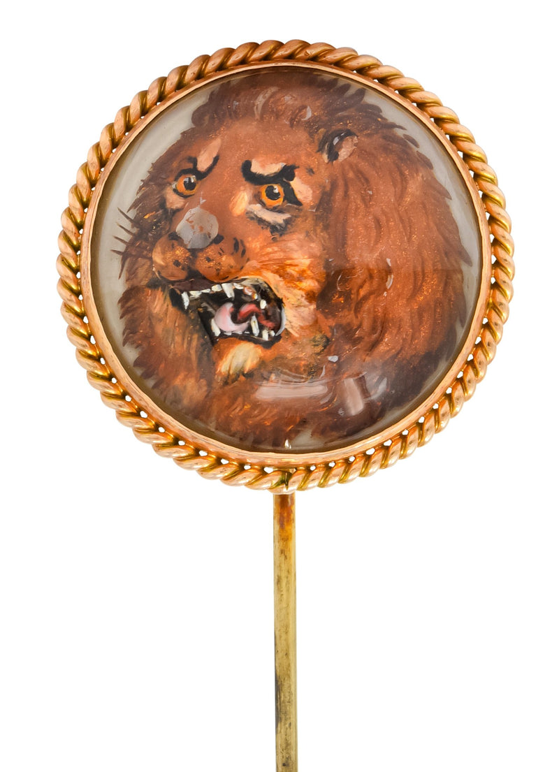 Late Victorian Painted Reverse Carved Rock Crystal 14 Karat Gold Lion Stickpin - Wilson's Estate Jewelry