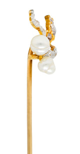 Edwardian Diamond Pearl Platinum-Topped 18 Karat Gold Foliate Antique Stickpin
