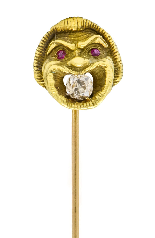 French Victorian 0.21 CTW Old Mine Diamond 18 Karat Green Gold Comedy Mask Stickpin - Wilson's Estate Jewelry