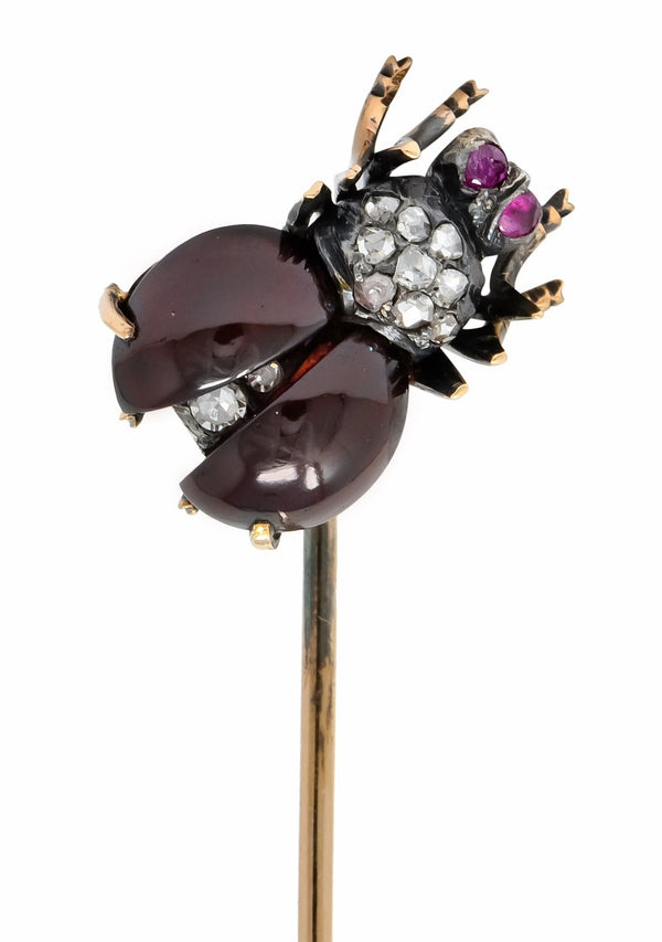 Victorian Garnet Diamond Ruby Silver-Topped 18 Karat Gold Fly Insect Stickpin - Wilson's Estate Jewelry