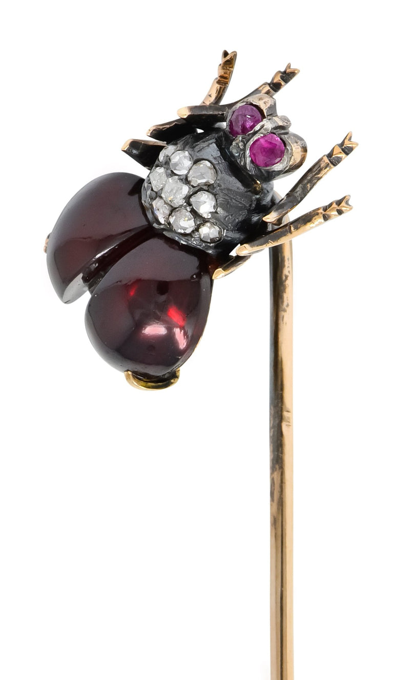 Victorian Garnet Diamond Ruby Silver-Topped 18 Karat Gold Fly Insect Stickpin - Wilson's Estate Jewelry