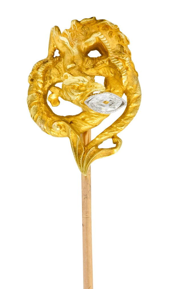 French Art Nouveau Marquis Diamond 18 Karat Gold Serpentine Dragon Stickin - Wilson's Estate Jewelry