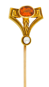 Sloan & Co. Art Nouveau Citrine Pearl 14 Karat Gold Stylized Greek Key Stickpin - Wilson's Estate Jewelry