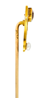 Sloan & Co. Art Nouveau Citrine Pearl 14 Karat Gold Stylized Greek Key Stickpin - Wilson's Estate Jewelry
