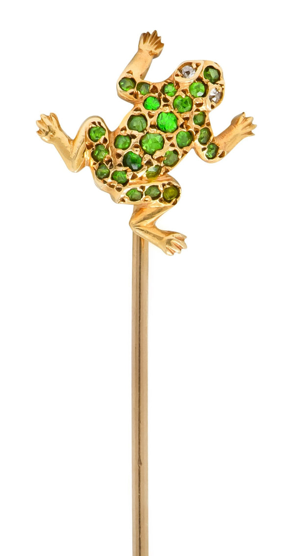 Victorian Demantoid Garnet Diamond 14 Karat Gold Frog Sitckpin - Wilson's Estate Jewelry