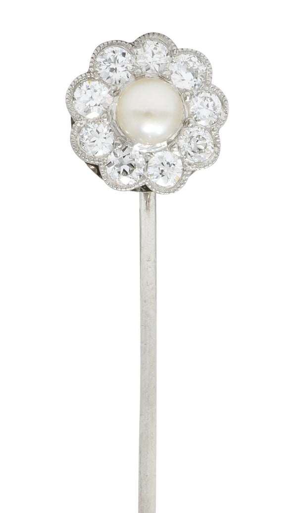 Art Deco 1.00 CTW Diamond Pearl Platinum Floral Cluster Stickpin - Wilson's Estate Jewelry