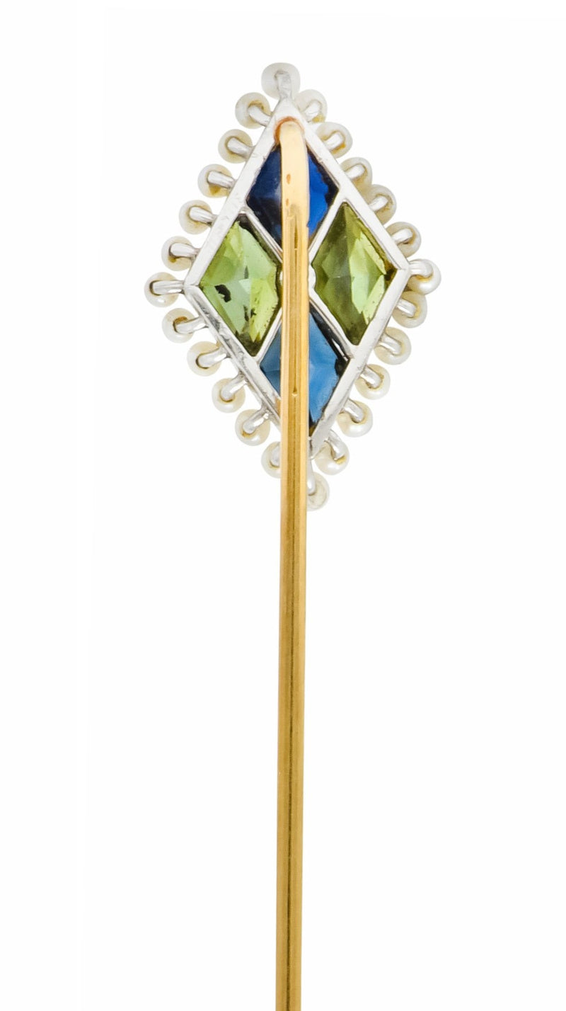 Sloan & Co. Sapphire Pearl Platinum-Topped 14 Karat Gold Harlequin Stickpin - Wilson's Estate Jewelry