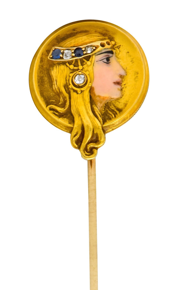 Art Nouveau Enamel Diamond Sapphire 14 Karat Gold Empress Stickpin - Wilson's Estate Jewelry