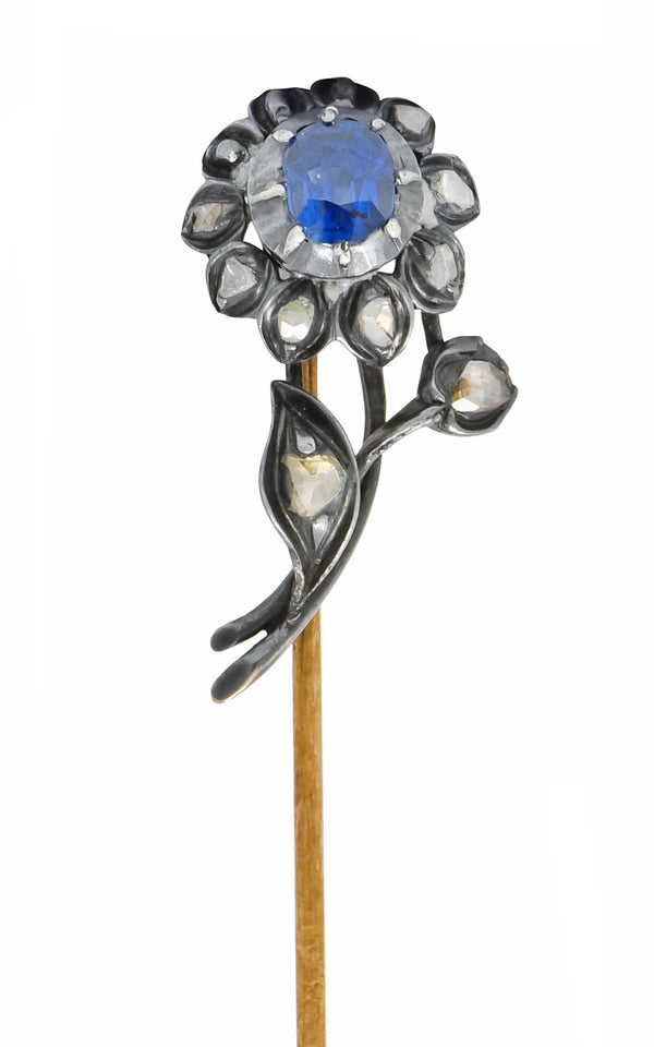 Victorian Sapphire Diamond Silver-Topped 14 Karat Gold Flower Stickpin - Wilson's Estate Jewelry