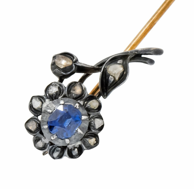 Victorian Sapphire Diamond Silver-Topped 14 Karat Gold Flower Stickpin - Wilson's Estate Jewelry