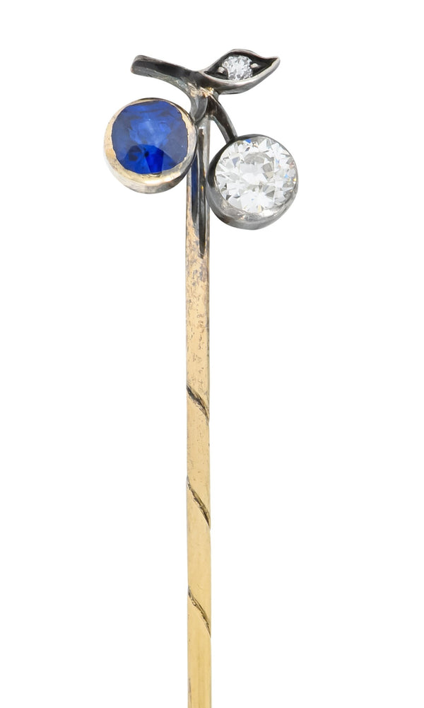 Edwardian Sapphire Diamond Platinum-Topped 14 Karat Gold Cherry Stickpin - Wilson's Estate Jewelry