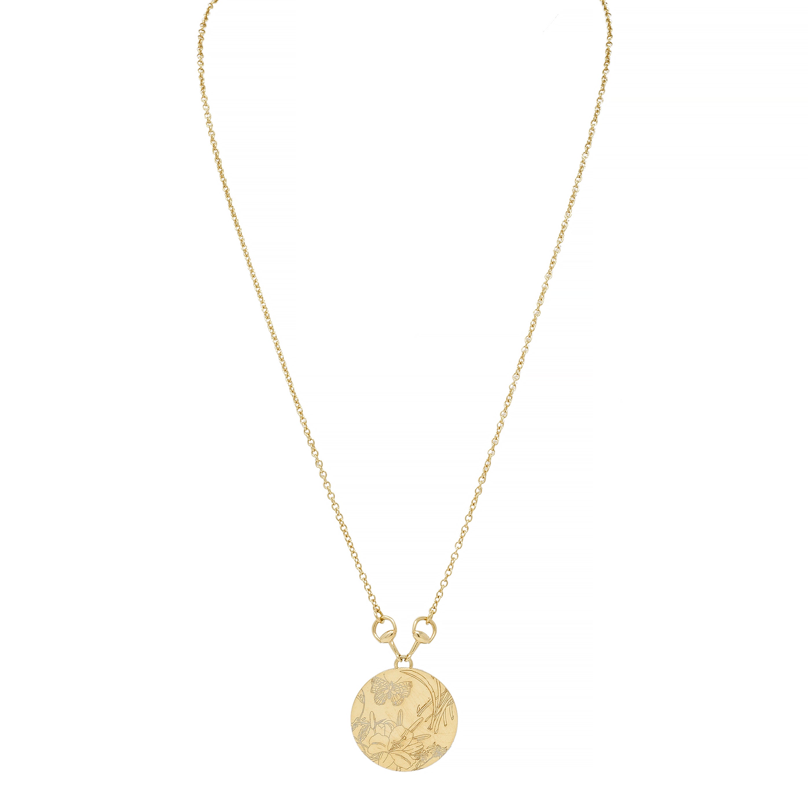 Gucci 2005 18 Karat Yellow Gold Floral Horsebit Medallion Flora Station Necklace