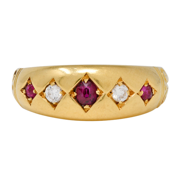 Victorian 1898 Ruby Diamond 18 Karat Yellow Gold Five Stone Antique Band Ring