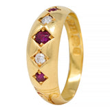 Victorian 1898 Ruby Diamond 18 Karat Yellow Gold Five Stone Antique Band Ring