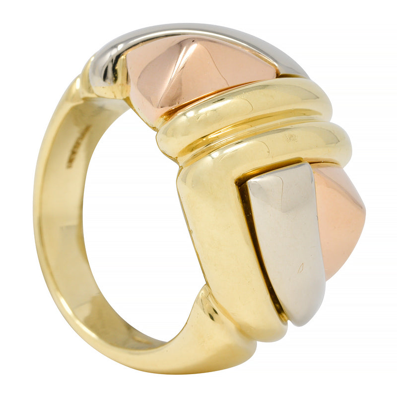 Bulgari 1980's 18 Karat Tri-Colored Gold Geometric Faceted Vintage Dome Ring